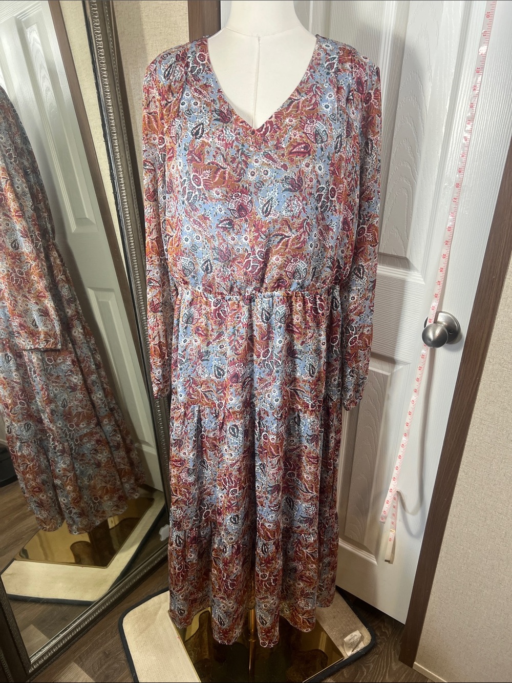 Belle by Kim Gravel Paisley V-Neck Long Sleeve Maxi Dress in Rust and Light Blue